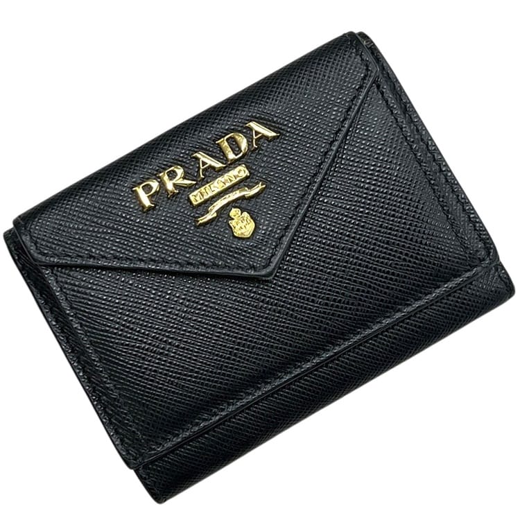 プラダ 三つ折り 紙入れ 黒いこと NERO 黒 1MH021 美品 サフィアーノ なめし革 中古 85 PRADA
