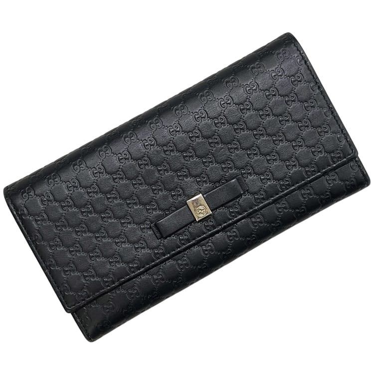 グッチ 二つ折り 長財布 ブラック 黒 マイクロシマ 388679 2149 美品 財布 レザー 中古 GUCCI リボン GG かぶせ蓋|フリマハイクラス店
