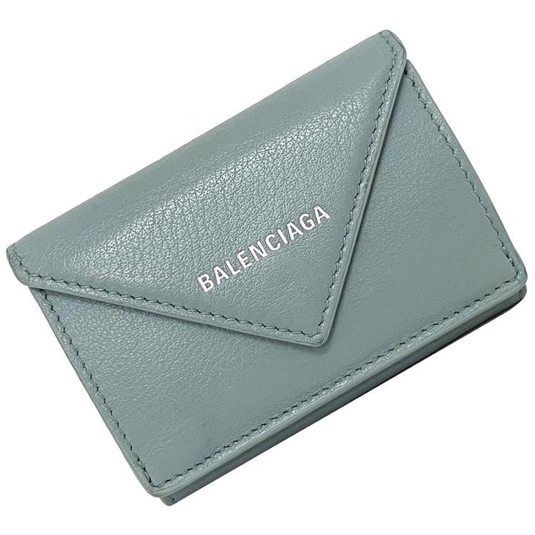 バレンシアガ　美品　ライトブルー　三折レザーコンパクトウオレット　レディース バレンシアガ BALENCIAGA 三つ折り財布 ミニ財布 PAPER TINY