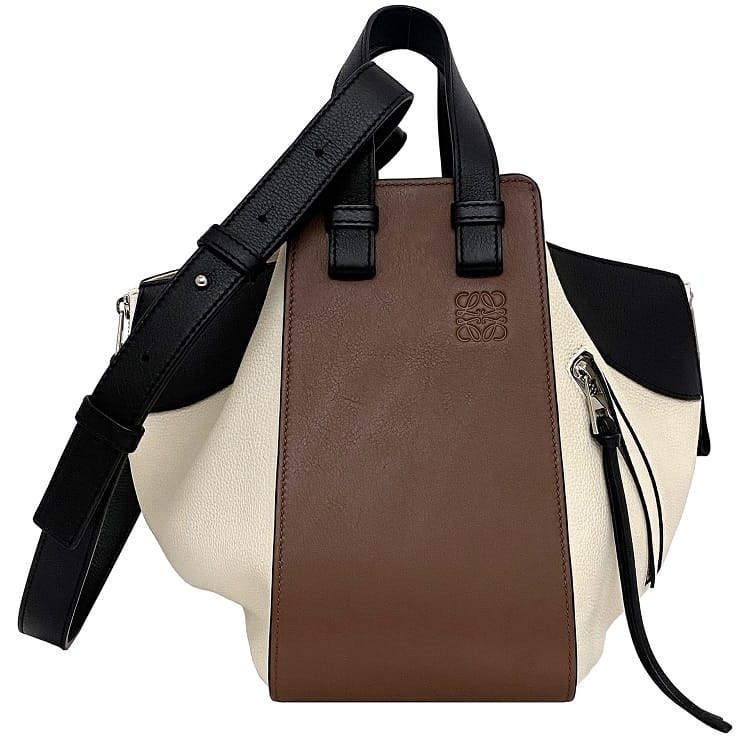ロエベ ２way バッグ ハンモック スモール ブラウン ブラック ホワイト 387.12PS35 美品 カーフ グレイン レザー 中古 LOEWE ハンドバッグ ショルダーバッグ 茶色 白 黒 定番 人気 レディース お洒落 高級感 上品 カジュアル マチ有 ブランド 本物 鑑定済み