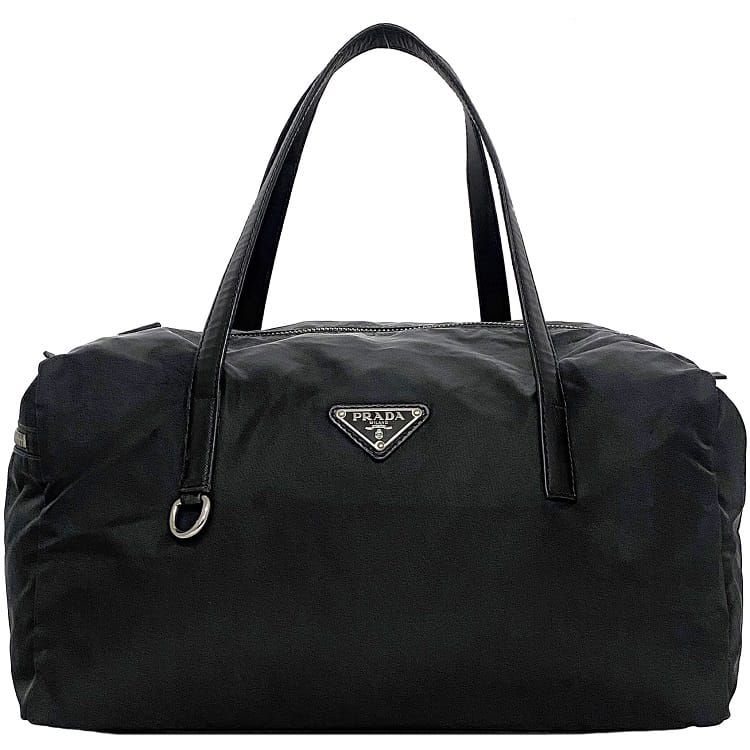 03!カード付!サフィアーノ プラダPRADA肩掛け大きめボストンバッグ黒 PRADA プラダ （PRADA） ナイロン テスート×サフィアーノ