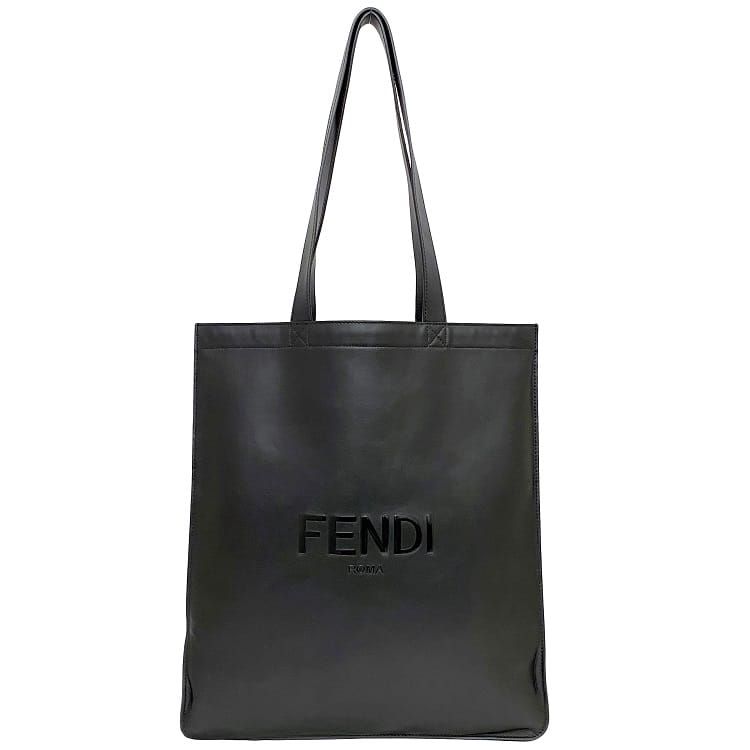 フェンディ トートバッグ ブラック 7VA538 f-20398 美品 レザー 中古 FENDI ロゴ エンボス 肩掛け 書類 a4 通勤 通学 シンプル 無地 人気 高級感 上品 光沢 男女兼用 男性 女性 お洒落 普段使い シック モダン 大容量 旅行 マチ無し ブランド 本物 鑑定済み