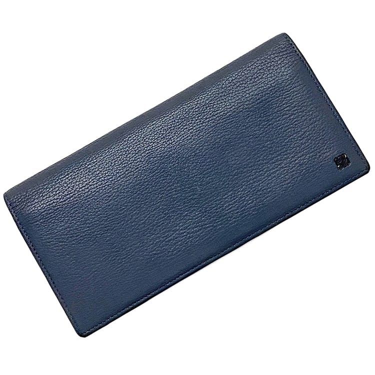 ロエベ 二つ折り 長財布 ec-21115 ライトネイビー アナグラム 財布 札入 レザー 中古 LOEWE 薄い ワンポイント ロゴ シンプル 定番 人気 レディース 女性 ロング ウォレット 革 無地 お洒落 紺色 エレガント 薄型 小物 高級感 上品 ブランド 本物 鑑定済み