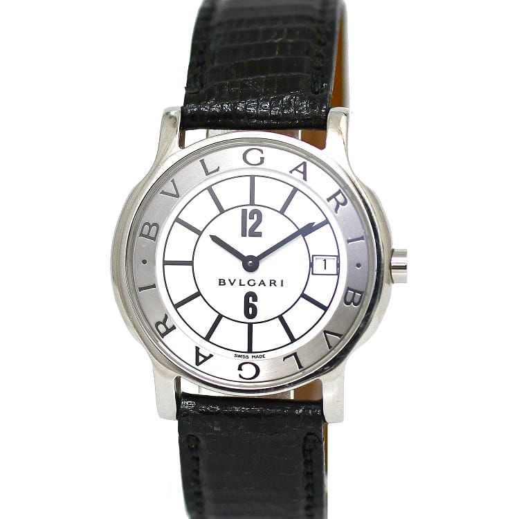 ブルガリ 腕時計 ソロテンポ ホワイト シルバー ブラック ST35S 時計 SS 合皮 中古 BVLGARI 白 35mm 丸文字盤 メンズ 男性 定番 人気 シンプル 白文字盤 電池式 QZ ロゴ ラウンド 日付 お洒落 上品 高級感 カジュアル ビジネス ブランド 本物 鑑定済み