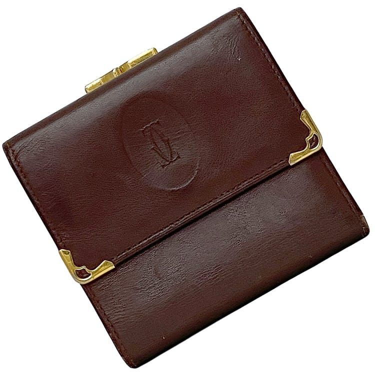 カルティエ 三つ折り がま口 財布 ec-21807 ボルドー マスト L3000039 ガマグチ コンパクト レザー 中古 Cartier 折り財布 ホック ロゴ ヴィンテージ ワンポイント 定番 人気 ミニ コンパクト 革 レディース シンプル お洒落ブランド 本物 鑑定済み