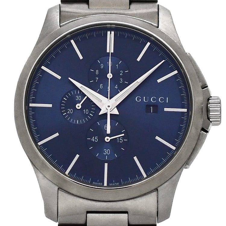 グッチ 腕時計 f-22239 ネイビー シルバー 126.2 美品 時計 メンズ SS 中古 クオーツ GUCCI 男性 クロノ 日付 電池式 QZ 動作確認済み 紺文字盤 シンプル クロノグラフ デイト シンプル ブランド時計 定番 人気 スモールセコンド 三針 ブランド 本物 鑑定済み