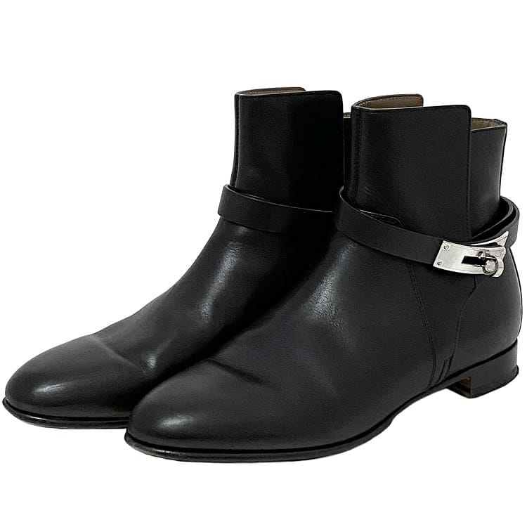 エルメス ショートブーツ ec-22249 ブラック シルバー金具 ケリー H162133Z 2107 美品 24.5cm レザー 中古 HERMES アパレル ブーツ ターンロック ヴィンテージ 靴 レディース シューズ 黒 女性 シンプル 定番 人気冬 ショート ブランド 本物 鑑定済み