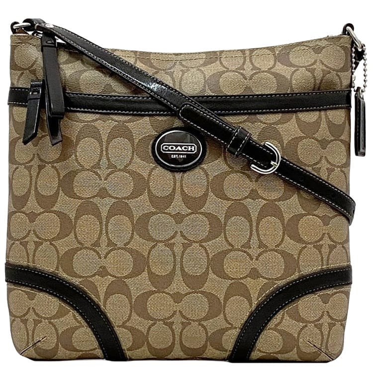 コーチ ショルダーバッグ ec-22534 ベージュ ブラウン シグネチャー F18926 美品 PVC レザー 中古 COACH ロゴ クロスボディ ファスナー 定番 人気 女性 レディース バッグ 革 お洒落 通勤 通学 仕事 ビジネス 鞄 エレガント 高級感 上品 ブランド 本物 鑑定済み