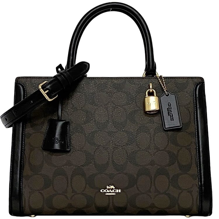 コーチ ２way バッグ ec-22590 ブラウン ブラック シグネチャー F69075 美品 PVC レザー 中古 COACH ショルダーバッグ ハンドバッグ 自立 チャーム付 ロゴ トートバッグ 茶色 黒 人気 定番 お洒落 上品 高級感 シンプル エレガント ブランド 本物 鑑定済み