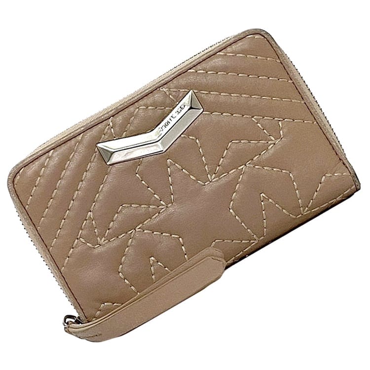 ジミーチュウ ミニ ラウンドファスナー 財布 ec-22837 ピンクベージュ ネフェル 美品 レザー 中古 JIMMY CHOO スター ステッチ 星 ファスナー コンパクト ミニウォレット 定番 人気 レディース 箱付き お洒落 小物 小さい お洒落 上品 ブランド 本物 鑑定済み