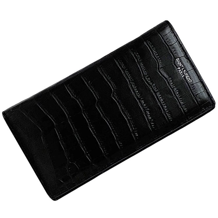 サンローラン 二つ折り 長財布 ec-22840 ブラック 369303 美品 縦 財布 レザー 中古 0615 SAINT LAURENT PARIS クロコ 黒 型押し シンプル 縦型 ワンポイント ロゴ レディース メンズ 男女兼用 型押しレザー クロコ風 ヴィンテージ ブランド 本物 鑑定済み