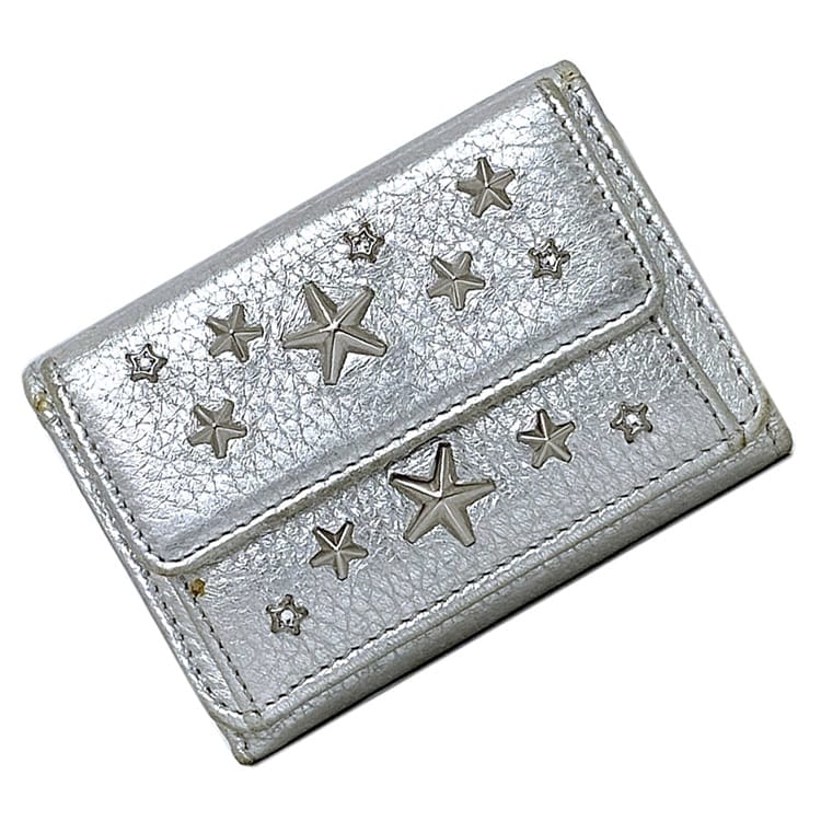 ジミーチュウ 三つ折り 財布 ec-23017 シルバー WDS NEMO AA0009 星スタッズ レザー 中古 JIMMY CHOO 星 ラインストーン 折り財布 箱付き コンパクト ミニ 定番 人気 女性 レディース 小物 お洒落 小さい シンプル スター 高級感 上品 ブランド 本物 鑑定済み