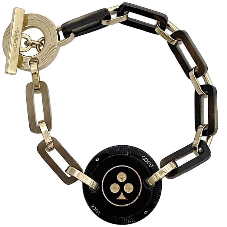 エルメス ブレスレット フェット ヴォ ジュ ＧＭ f-23340 ブラック ゴールド 美品 バッファローホーン メタル 中古 HERMES アクセサリー レア GOOD LUCK コイン チェーン 金色 G金具 メンズ レディース 箱付き チェーンブレス ブランド 本物 鑑定済み