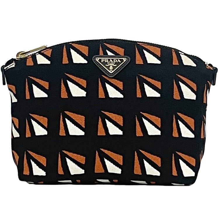 プラダ 合切袋 ec-23542 黒いこと オレンジ色 1N1758 美品 帆布 サフィアーノレザー 中古 42 PRADA チャック 小入れもの コスメ 合切袋 かざり付ける合切袋 黒 柄 ３角形 ロゴタイプ 一皿 ゴールド金具 メンズ レディース 定番 一般受け ブランド名 本物 位置づける済み