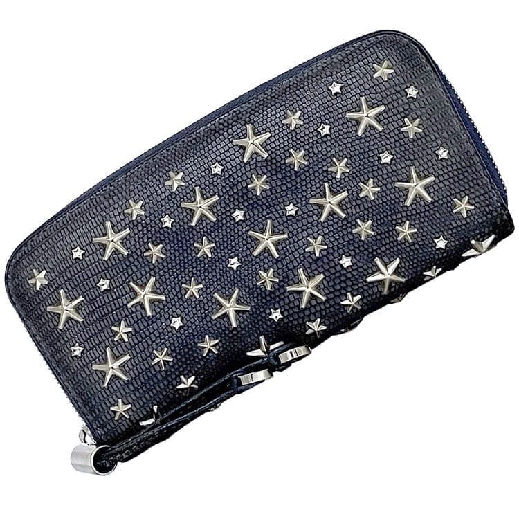 ジミーチュウ ラウンドジッパー 長紙入れ ec-23634 米国海軍 フィリパ 美品 なめし革 スタッズ 中古 JIMMY CHOO 紙入れ ジッパー 星 伝達ルート石ころ 紺色 メンズ レディース 定番 一般受け パイソン風 型押し  しろがね色金具 ロング ウォレット ブランド名 本物 位置づける済み