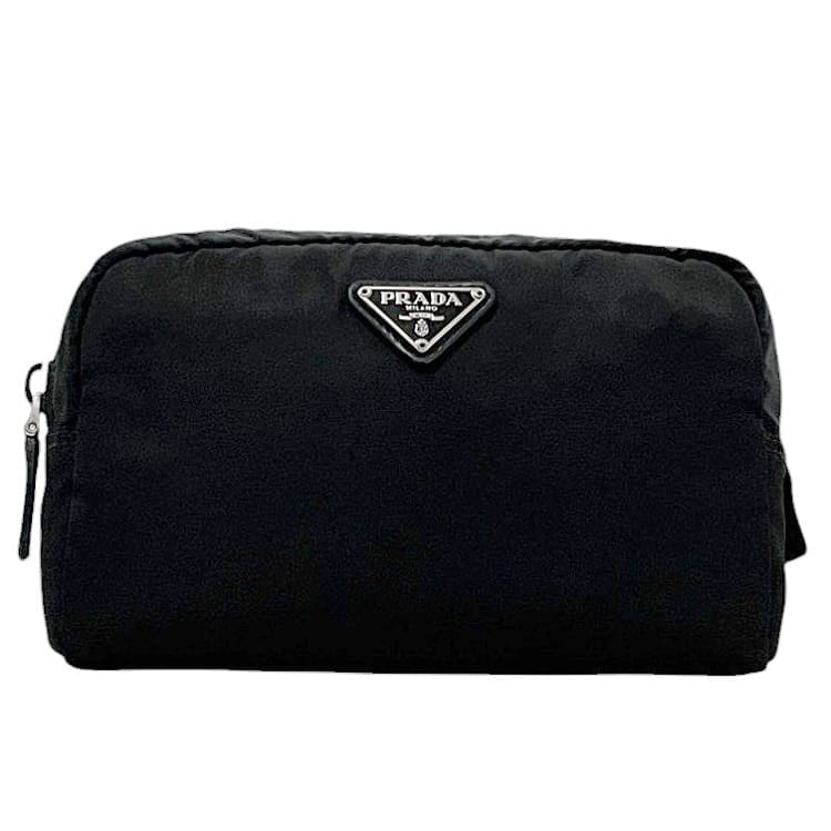プラダ ポーチ ec-24019 ブラック NERO テスート 美品 ナイロン レザー 中古 176 PRADA ポケット有 ファスナー 小物入れ コスメ 化粧ポーチ 黒 メンズ レディース 定番 人気 軽い 男女兼用 ロゴプレート 三角 ロゴ ヴィンテージ ブランド 本物 鑑定済み
