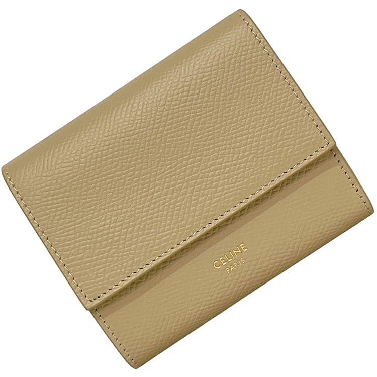 セリーヌ 三つ折り 紙入れ スモール トリフォールド f-24327 ベージュ 10B573BEL 美品 なめし革 中古 W-IE-4169 CELINE ロゴタイプ 引っ掛かり パウダーコンパクト ミニ グレインレザー メンズ レディース 男女兼用 定番 一般受け 分かりやすい 革紙入れ 折りたたみ ブランド名 本物 積もり書き済み