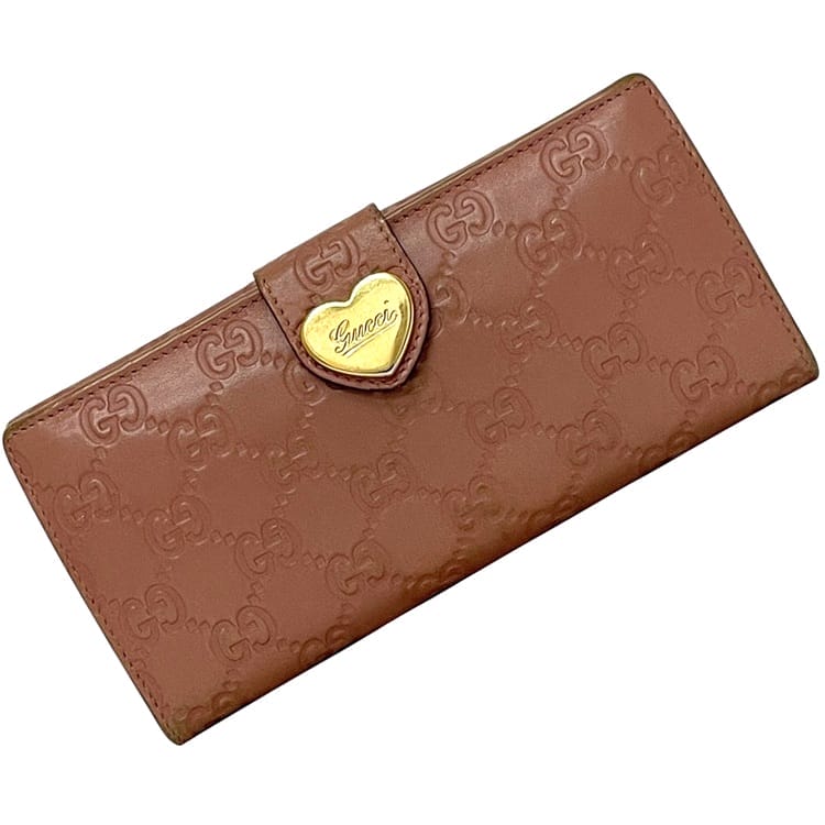グッチ 二つ折り 長財布 ec-24369 ピンク シマ 203550 財布 レザー 中古 2091 GUCCI ハート GG ロゴ ダブルホック レディース 女性 定番 人気 ヴィンテージ ゴールド金具 GG刻印 エンボスロゴ 総柄 シマライン ハート金具 ホック ブランド 本物 鑑定済み