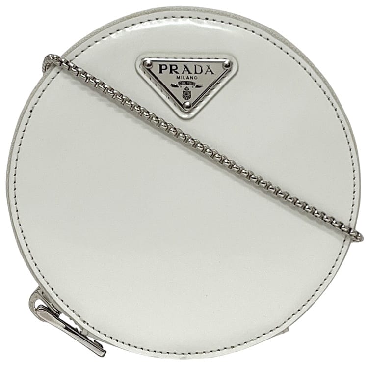 プラダ ショルダーバッグ f-24679 ホワイト 1NA003 美品 ラウンド チェーン バッグ レザー 中古 85 PRADA ラウンド 白 丸 ミニ ポシェット ファスナー 三角 ロゴ プレート ファスナー ミニバッグ レディース 女性 定番 人気 斜め掛け ブランド 本物 鑑定済み|フリマハイクラスブランド館