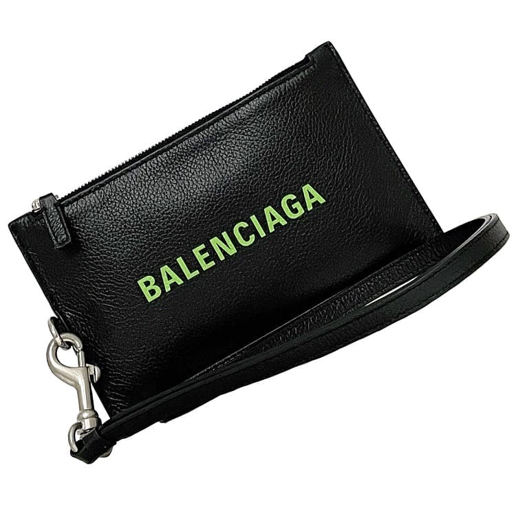 バレンシアガ パスケース ec-23506 ブラック 616015 美品 レザー 中古 1063 T 584046 BALENCIAGA カードケース 黒 ファスナー ポーチ コインケース ストラップ付 ファスナー ロゴ 箱付き メンズ レディース 定番 人気 シンプル ブランド 本物 鑑定済み