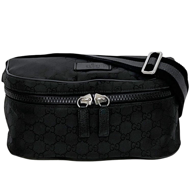 グッチ ボディバッグ ec-24993 ブラック GGナイロン 449182 美品 ナイロン 中古 727620 GUCCI クロスボディ 黒 ファスナー 軽量 軽い GG ロゴ 斜め掛け ベルトバッグ メンズ レディース 男女兼用 シンプル シルバー金具 大容量 ブランド 本物 鑑定済み