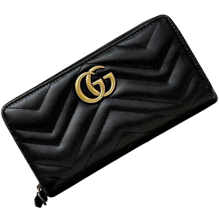 グッチ ラウンドファスナー 長財布 f-25083 ブラック GGマーモント 443123 財布 レザー 中古 525040 GUCCI GG ファスナー ロング ウォレット ロゴ 金具 黒 ゴールド金具 メンズ レディース 男女兼用 定番 人気 箱付き ステッチ ブランド 本物 鑑定済み