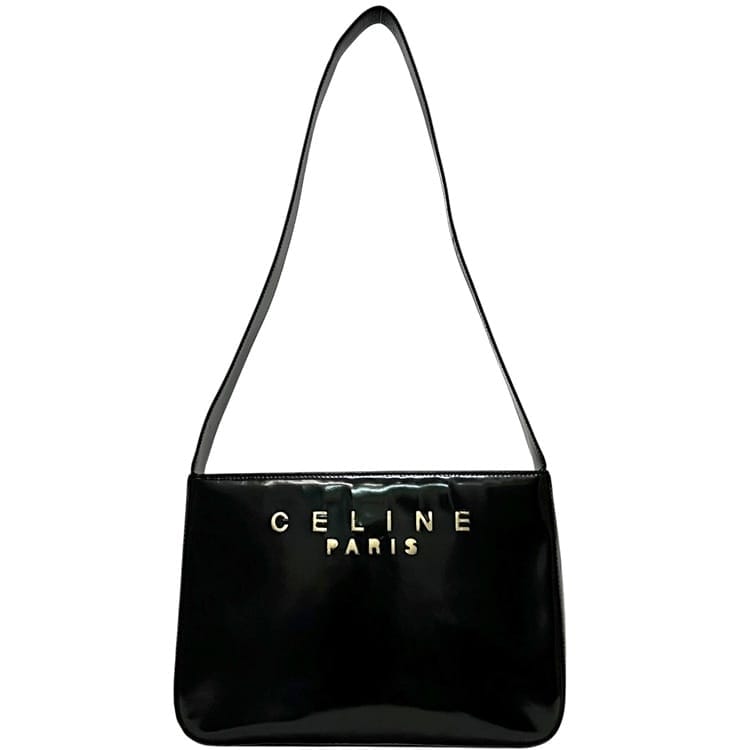 セリーヌ ショルダーバッグ ec-25101 黒いこと 美品 なめし革 中古 F 97/2 CELINE 肩かけ 黒 肩かけ ロゴタイプ パンチング 磁石 独立独行 マチ有 一肩先 御徒面子 ヴィンテージ レディース メンズ 男女兼用 分かりやすい ロゴタイプ目じるし ブランド名 本物 位置づける済み