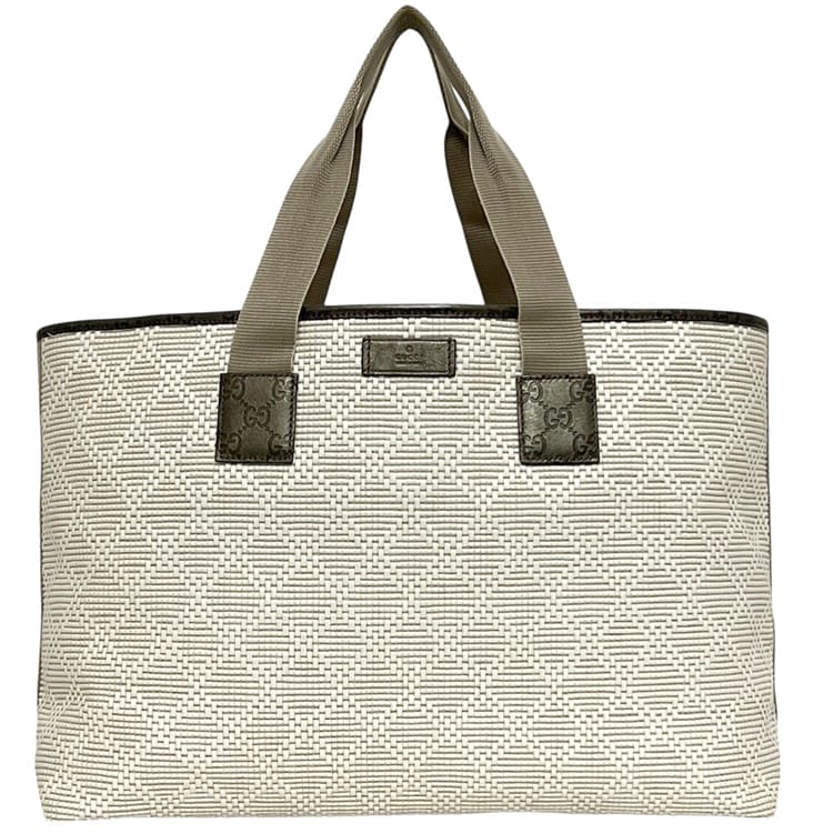 グッチ トートバッグ ec-25131 ホワイト ベージュ メタリックカーキ シマライン 289626 美品 PVC レザー 中古 498879 GUCCI GG ロゴ 大容量 ラージトート 肩掛け 軽い 編み込み 旅行 書類 a4 白 レディース メンズ 定番 人気 シンプル ブランド 本物 鑑定済み