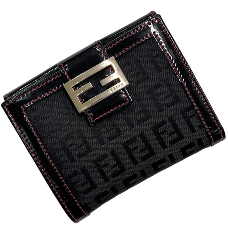 フェンディ 二つ折り 財布 ec-25148 ブラック ピンク ズッキーノ 8M0188 美品 パテント キャンバス レザー 中古 FENDI エナメル 黒 FF ロゴ ホック コンパクト ミニ 折り財布 シルバー金具 レディース メンズ 男女兼用 ヴィンテージブランド 本物 鑑定済み｜フリマハイクラスブランド館