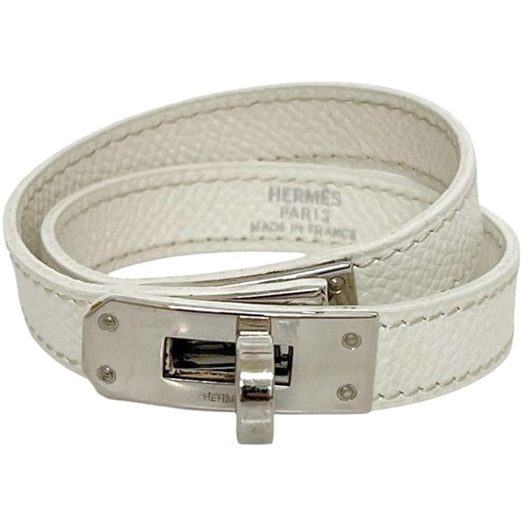 エルメス ブレスレット ケリーブレス ec-25212 ホワイト シルバー金具 美品 レザー 中古 □I 刻印 HERMES 箱付き アクセサリー ブレス Ｐ金具 白 シルバー金具 定番 人気 メンズ レディース 男女兼用 ヴィンテージ 二重 ダブルブレス ブランド 本物 鑑定済み