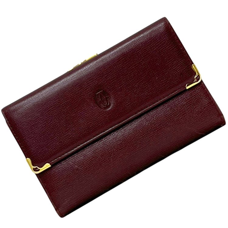 カルティエ 三つ折り 財布 ec-25266 ボルドー マスト ガマグチ 美品 レザー 中古 Cartier コンパクト ホック がま口 折り財布 ワンポイント ワインレッド ゴールド金具 レディース メンズ 男女兼用 ヴィンテージ 小銭入れ有 ブランド 本物 鑑定済み