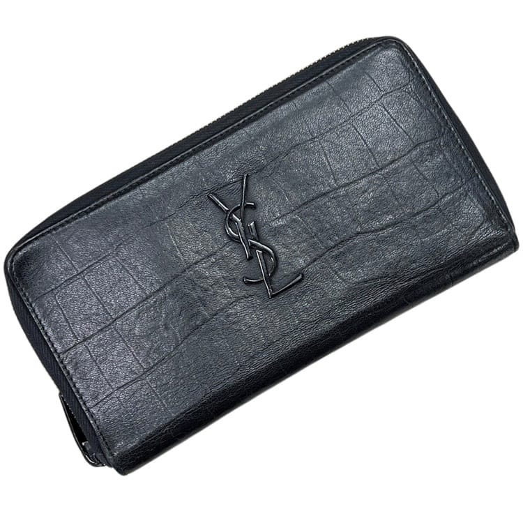 サンローラン ラウンドファスナー 長財布 ec-25318 ブラック 529899 美品 オーガナイザー レザー 中古 SAINT LAURENT PARIS YSL 黒 ファスナー ロング ウォレット 小銭入れ有 ロゴ金具 メンズ レディース 定番 人気 ヴィンテージ ブランド 本物 鑑定済み