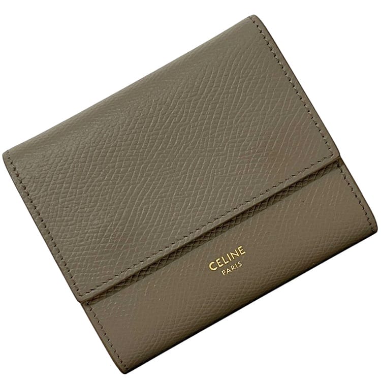 セリーヌ 三つ折り 紙入れ スモール トリフォールド ウォレット グレージュ 10B573BEL.31AN  美品 ペブルレザー 中古 W-IE-3210 CELINE