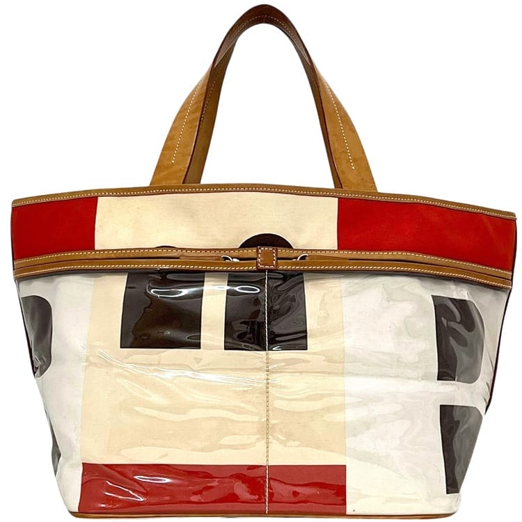 バリー トートバッグ 赤いこと 白いこと ベージュ 赤 白 美品 ロゴタイプ 帆布 ビニール 中古 BALLY
