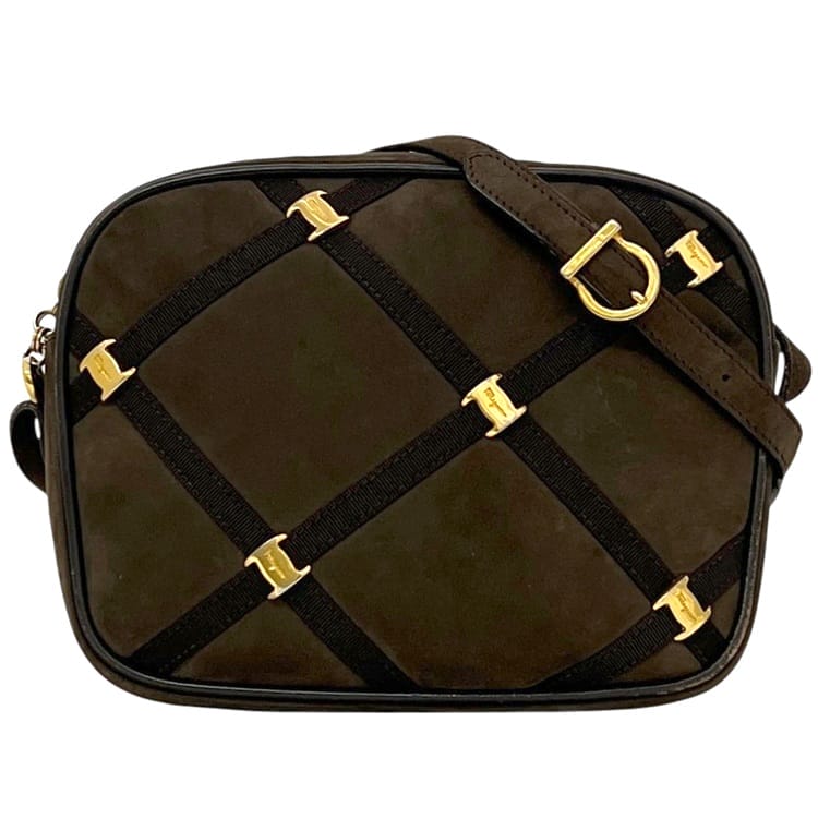 サルヴァトーレ フェラガモ ショルダーバッグ ブラウン 茶色 ヴァラ BA210556 美品 スエード レザー 中古 Salvatore Ferragamo リボン ヴィンテージ｜フリマハイクラスブランド館