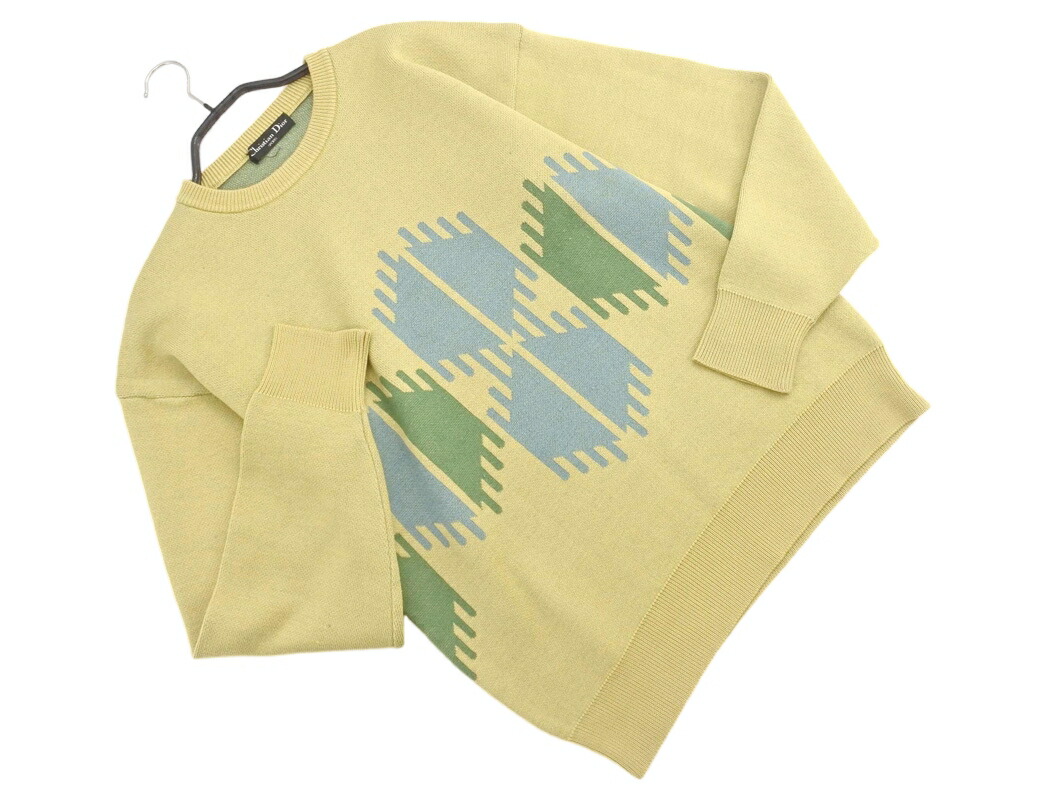 【美品】ヴィンテージディオール　CDロゴ刺繍コットンニットセーター　Fサイズ　緑 美品】ヴィンテージディオール CDロゴ刺繍コットンニット