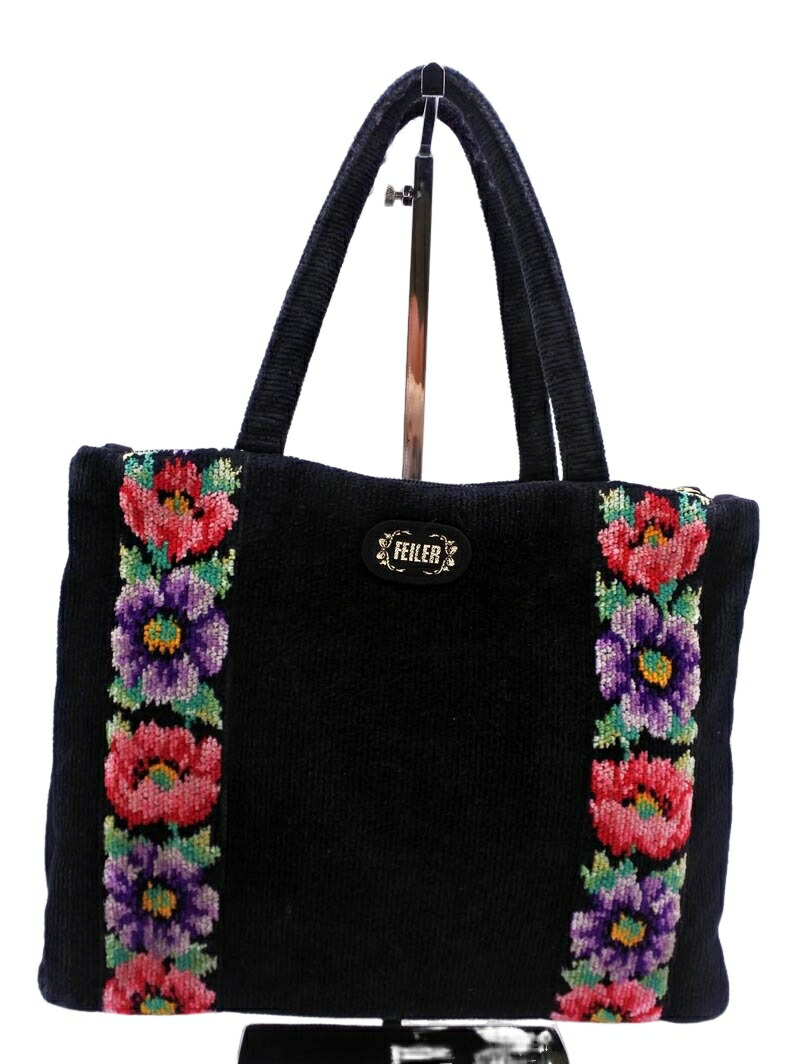 FEILER フェイラー　花柄エコバッグ 黒色 新品 Ball&Chain フェイラー Mサイズ 黒 エコバッグ 刺繍 軽量 大容量