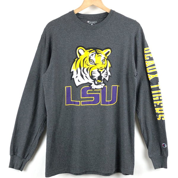 【古着】 Champion チャンピオン カレッジプリントTシャツ LSU タイガー 袖プリント 長袖 グレー系 メンズM 【中古】 n024204|古着Lab