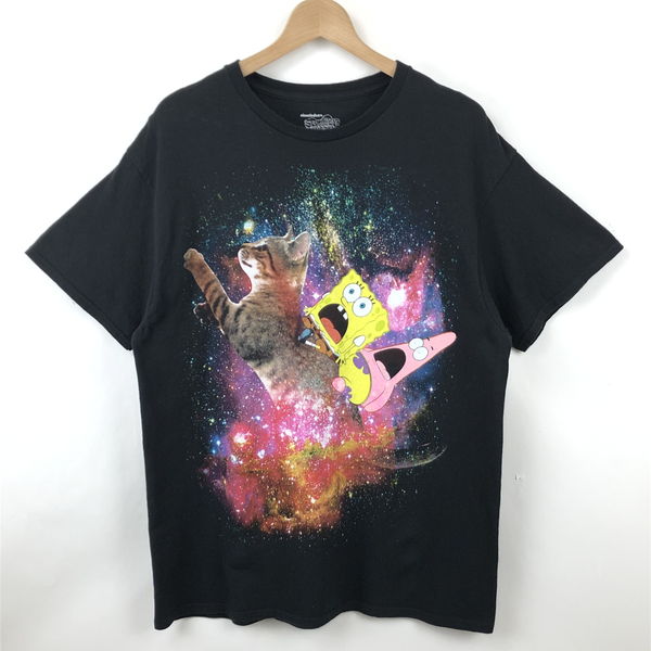 楽天市場 古着 Sponge Bob スポンジボブ キャラクタープリントtシャツ ネコ 宇宙 パトリックスター ブラック系 メンズl 中古 N 古着lab