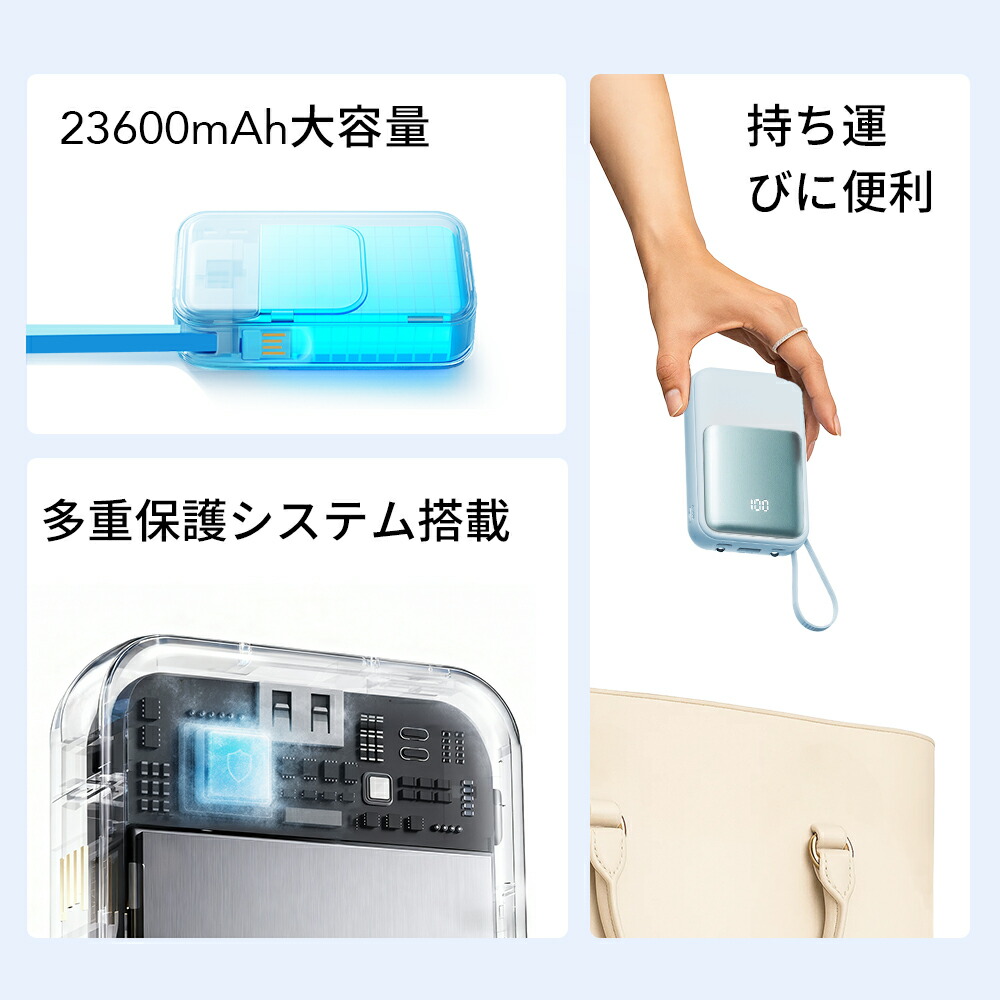 【クーポン利用で最安2380円】楽天1位26冠!モバイルバッテリー 大容量 23600mAh PD22.5W 急速充電 Type-C出入力 4本ケーブル内蔵 軽量 iphone スマホ充電器 携帯充電器 タイプc対応 残量表示 LEDライト 防災グッズ PSE認証済 Lightning iPhone/Android全機種対応