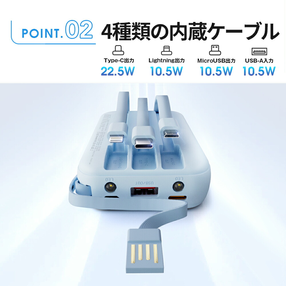 【クーポン利用で最安2380円】楽天1位26冠!モバイルバッテリー 大容量 23600mAh PD22.5W 急速充電 Type-C出入力 4本ケーブル内蔵 軽量 iphone スマホ充電器 携帯充電器 タイプc対応 残量表示 LEDライト 防災グッズ PSE認証済 Lightning iPhone/Android全機種対応