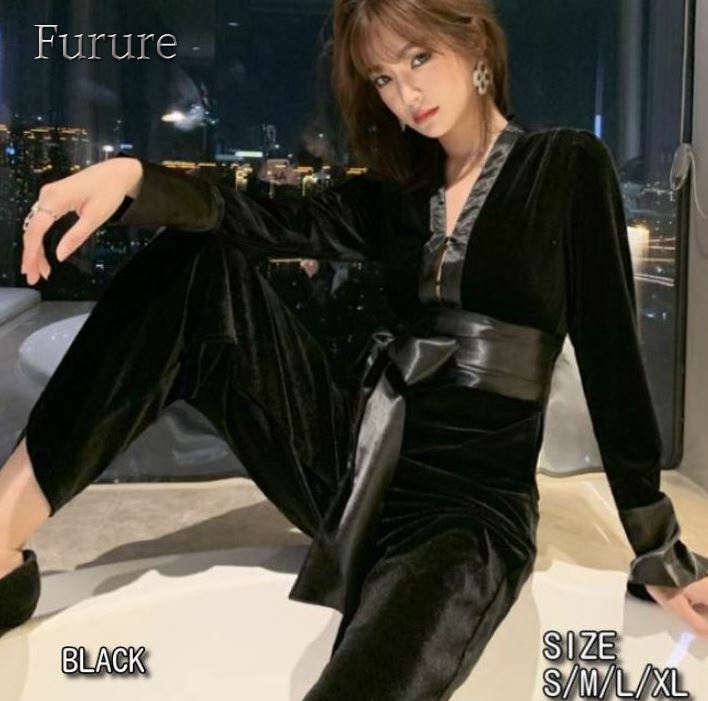 きれいめレディースファッション 韓国ファッション 大きいサイズ S/M/L/XL 30代 40代 50代 ファッション パンツドレス 襟付き カシュクール風Vネック オールインワン ワイドパンツ ブラックきれいめ 華やかおしゃれ 大人セクシー OL 結婚式 謝恩会 二次会 発表会 お呼ばれ