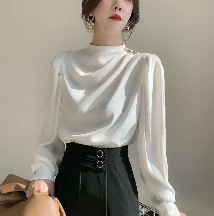 ボタン襟ブラウス レディースファッション オルチャン 韓国ファッション 大きいサイズ S/M/L/XL/2XL スタンドカラー