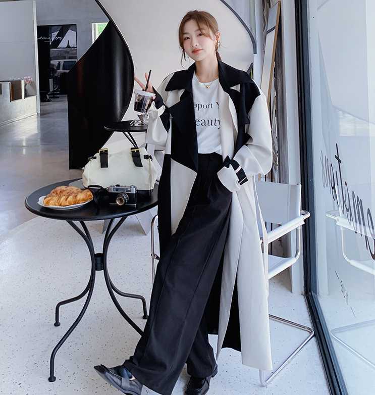 ウール ロング丈 エレガント オフィス コート バイカラー 韓国 レトロエレガント セミロング丈 トレンチコート | レディース