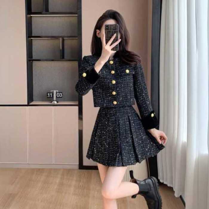 韓国 セットアップ レイヤード風 ツイード ジャケット ミニスカ 韓国 セットアップ 制服風 チェック柄 ジャケット ミニスカート
