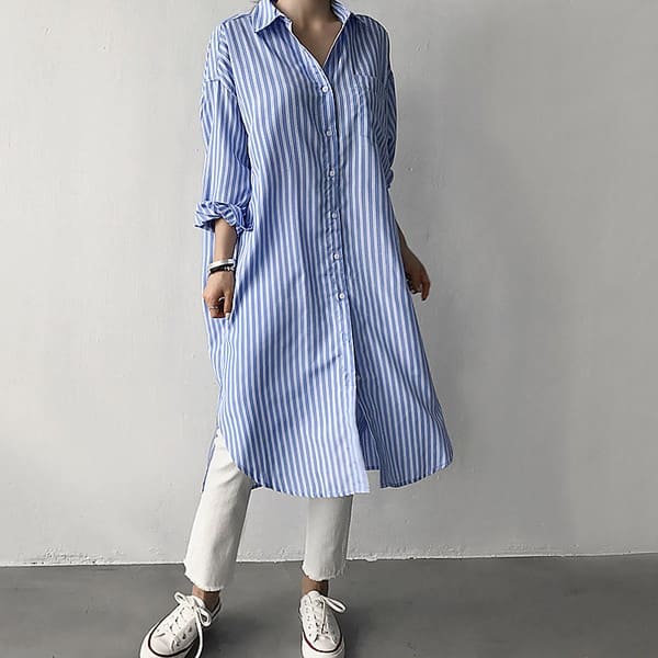 きれいめ レディース ファッション レディースワンピ ワンピース シャツワンピース 長袖 ロングシャツ マキシシャツ トップス きれいめ シンプル ミモレワンピ ナチュラル 軽い ストライプ 前ボタン フロントボタン 羽織り シャツ 体型カバー ゆったり 着痩せ 細見え 2色