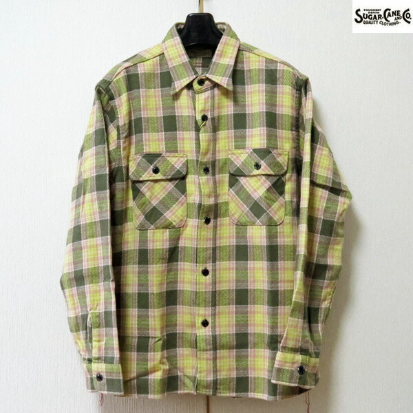 シュガーケーン　長袖トップス　ネルシャツ　Sugar Cane FICTION ROMANS　ツイルチェック長袖ワークシャツ【SC29158】グリーン