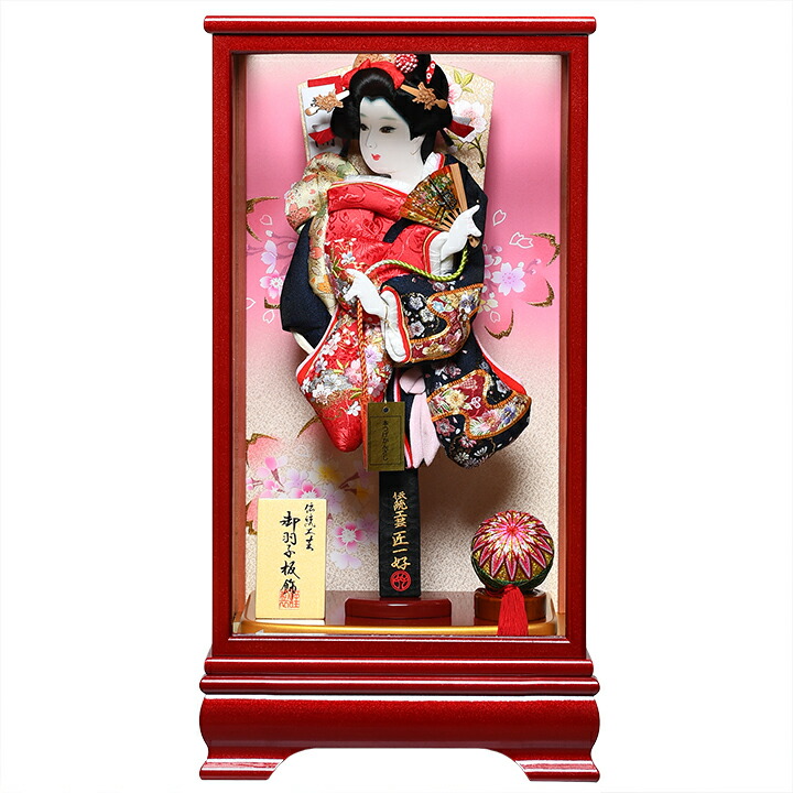 【羽子板】【匠一好】13号優華：金襴駒取桜刺繍押絵羽子板押絵羽子板：朱赤塗杢製ケース；匠一好作【羽子板ケース】【正月飾】