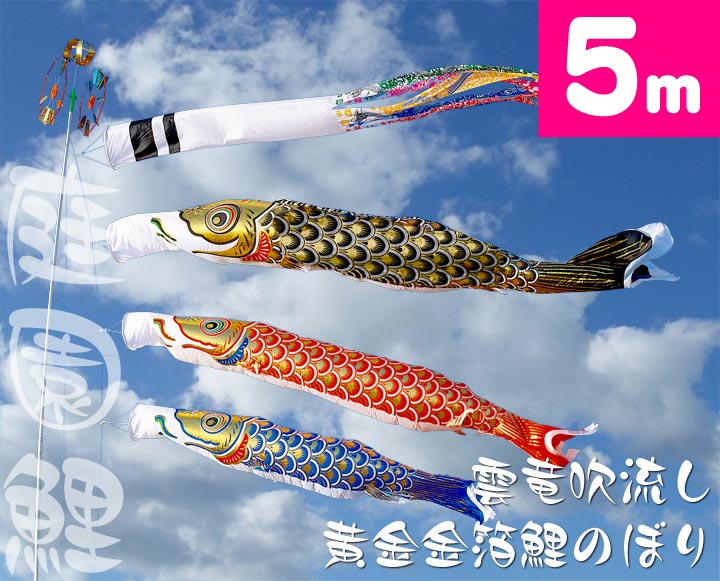【家紋・名入れ相応う】【運動場鯉のぼり】5ｍ雲竜吹き流し先だつもの金箔鯉のぼり６点書き割り【鯉幟】【鯉のぼり】【こい旗幟】
