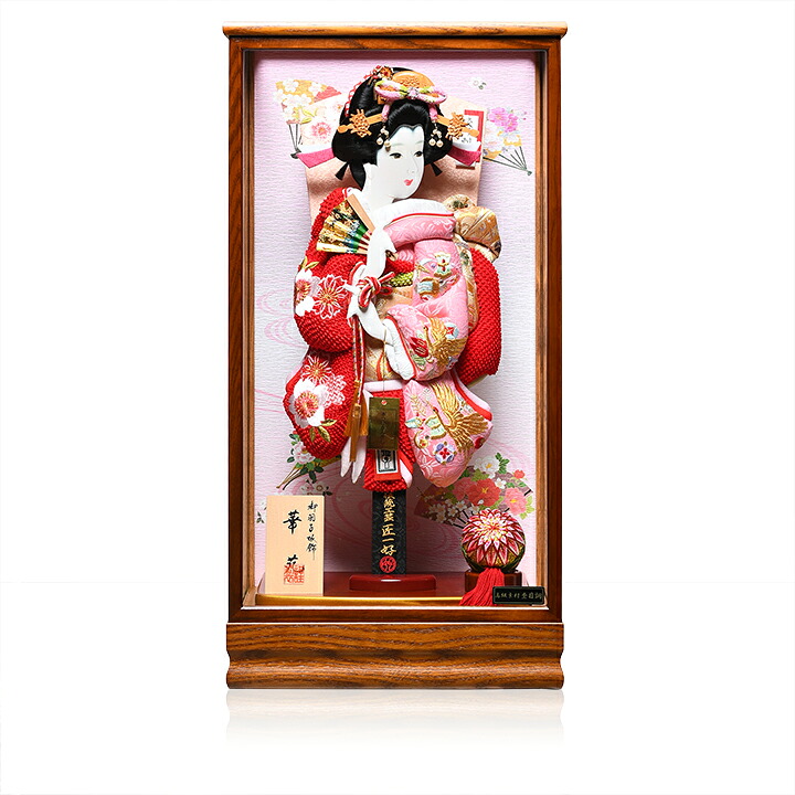 【羽子板】【匠一好】15号華苑：絞り刺繍／金襴向い鶴刺繍振袖押絵羽子板：木肌塗杢製ケース；匠一好作【羽子板ケース】【正月飾】